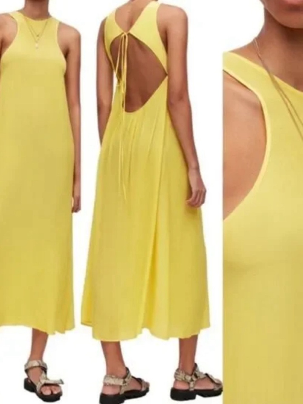 AllSaints Yellow Backless Midi Dress with Tie Detail